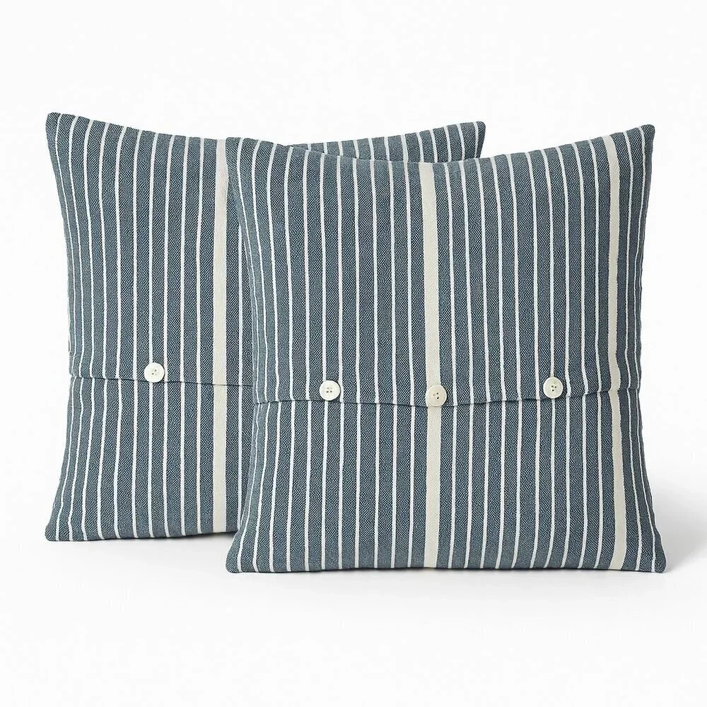 West Elm Silk Blend Striped Pillow Covers Button Front Set of 2 19x19 Navy